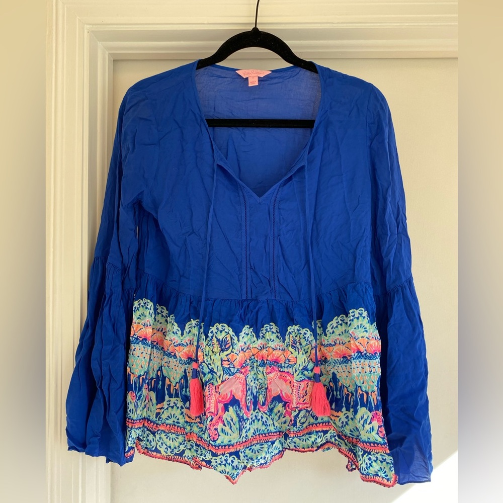 Lilly Pulitzer Bell Sleeve Blue & Pink top Blouse Preppy Women’s Small